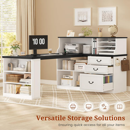 61" Executive Desk, Farmhouse L Shaped Computer Desk with Power Outlets and LED Light, Home Office Desk with 3 Drawers and 4-Tier Paper Organizer, White