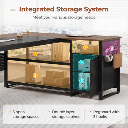 71" L Shaped Executive Desk, Reversible Computer Desk with Mobile File Cabinet and Power Outlets, Large Office Desk with Storage Shelves for Home Office, Walnut