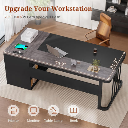 70.9" Executive Desk with Power Outlet, Large Office Desk with Lateral File Cabinet, Modern Computer Desk, Gray