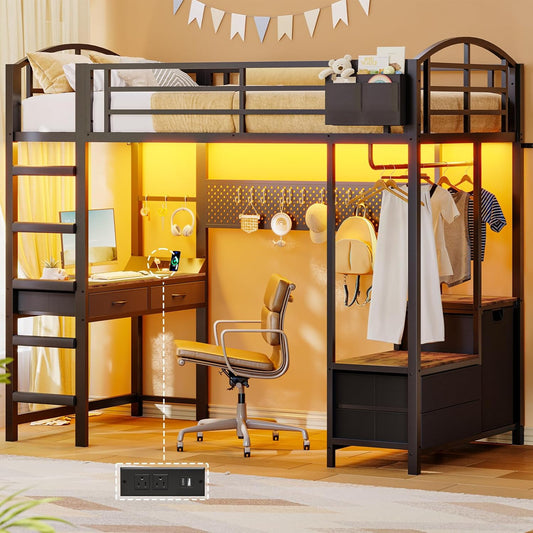 Twin Size Loft Bed with Desk and Pegboard, Metal Bed Frame with Storage Hamper, Cloth Rack, Power Outlet and LED Lighted, No Box Spring Needed, Black