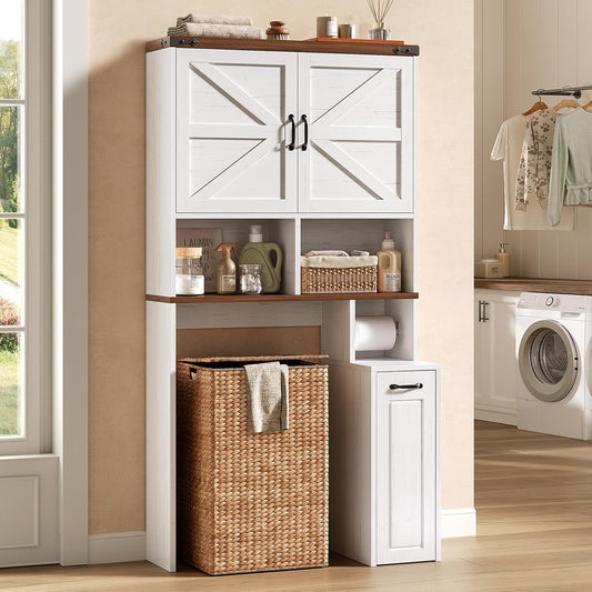 Farmhouse Over The Toilet Storage Cabinet, Bathroom Storage Cabinet, Space Saver W/Adjustable Shelf and Open Shelf for Bathroom, Restroom, Laundry, White Brown