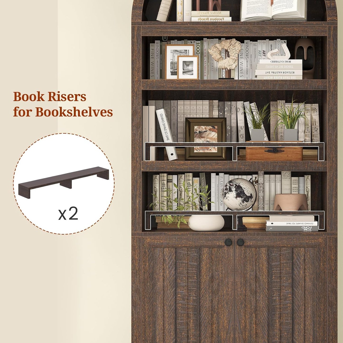 81" Tall Arched Bookshelf, Kitchen Pantry Storage Cabinet, 6-Tier Bookcase with 2 Doors for Living Room, Kitchen, Home Office, Walnut