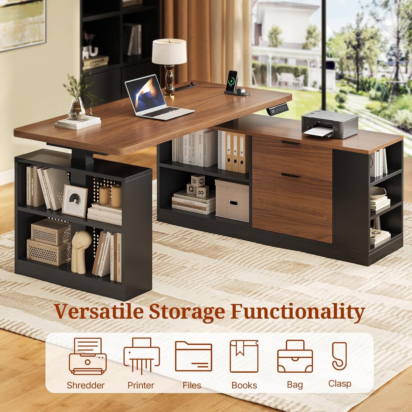 L Shaped Standing Desk, 53" Electric Office Desk with Power Outlets and File Drawers, Corner Computer Desk with Pegboard, Adjustable Height, Walnut