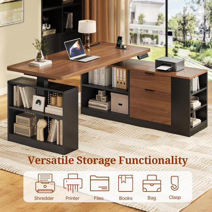 L Shaped Standing Desk, 53" Electric Office Desk with Power Outlets and File Drawers, Corner Computer Desk with Pegboard, Adjustable Height, Walnut
