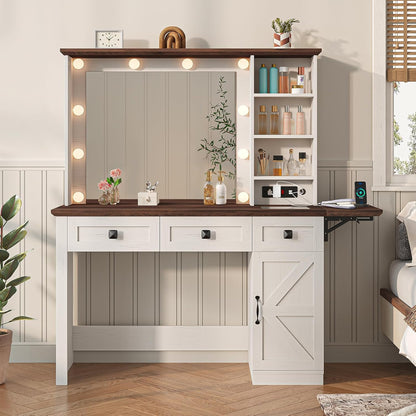 Makeup Vanity Desk with Charging Station, Dressing Table with 3 Lighting Modes and 3 Drawers, Antique White