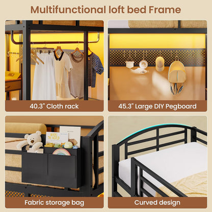 Twin Size Loft Bed with Desk and Pegboard, Metal Bed Frame with Storage Hamper, Cloth Rack, Power Outlet and LED Lighted, No Box Spring Needed, Black
