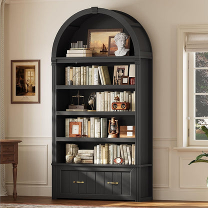 83" Tall Arched Cabinets, 5-Tier Bookcase with Widened Drawer & Adjustable Shelves, Mid-Century Modern Bookshelf for Living Room, Home Office, Black