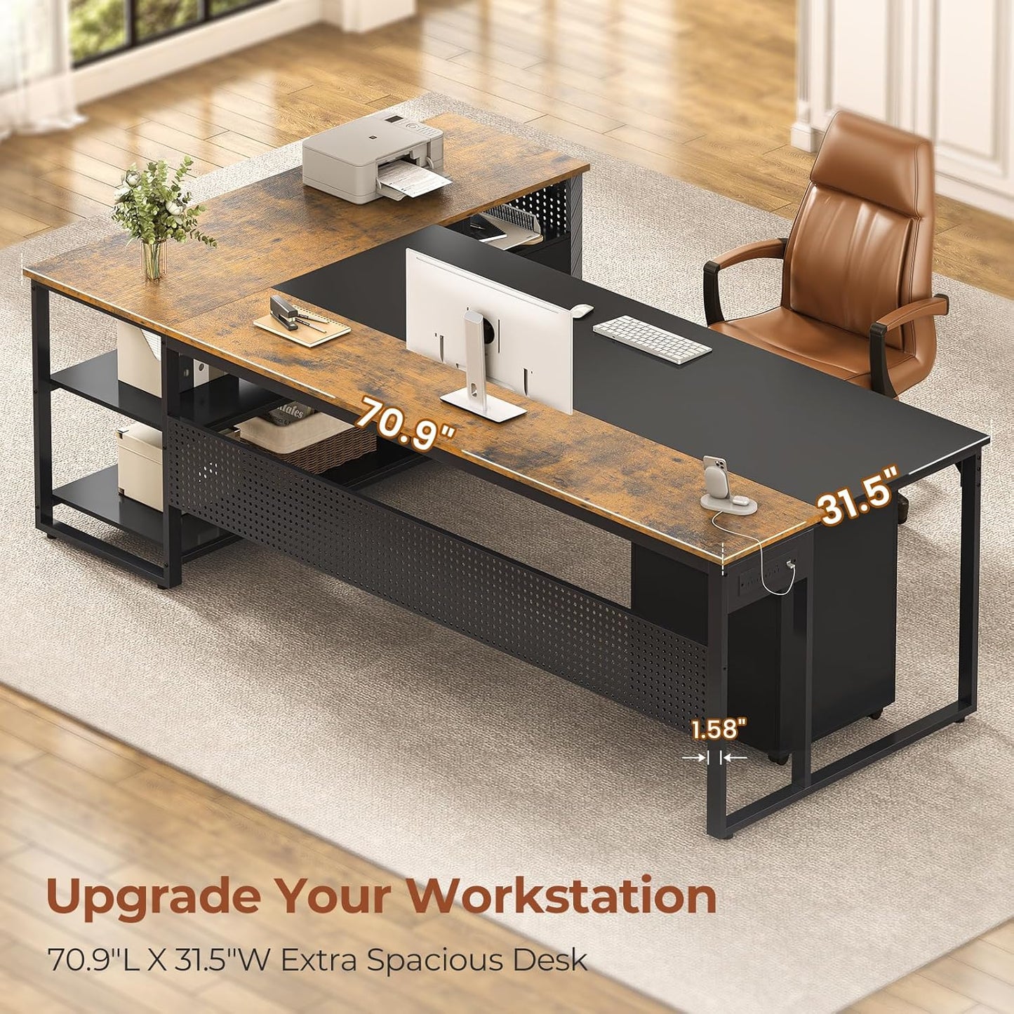 71" Executive Desk with Mobile File Cabinet, Reversible L Shaped Desk with Power Outlets, Large Office Desk, Rustic Brown