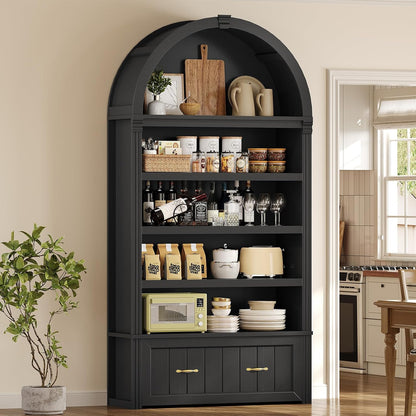 83" Tall Arched Cabinets, 5-Tier Bookcase with Widened Drawer & Adjustable Shelves, Mid-Century Modern Bookshelf for Living Room, Home Office, Black