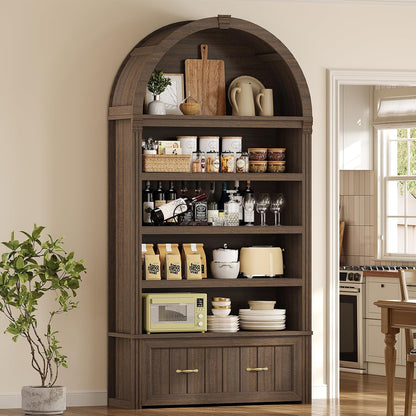 83" Tall Arched Cabinets, 5-Tier Bookcase with Widened Drawer & Adjustable Shelves, Mid-Century Modern Bookshelf for Living Room, Home Office, Walnut