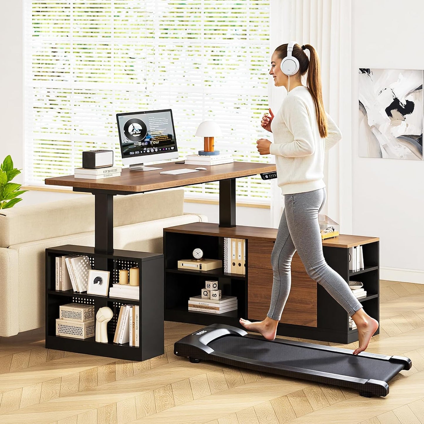 L Shaped Standing Desk, 53" Electric Office Desk with Power Outlets and File Drawers, Corner Computer Desk with Pegboard, Adjustable Height, Walnut
