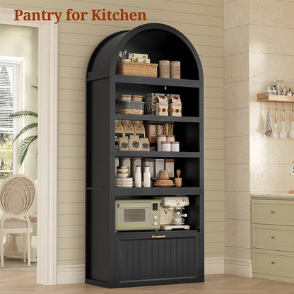 81" Tall Arched Cabinets, Bookcase with Storage Drawer, Mid-Century Modern 5-Tier Bookshelf for Living Room, Kitchen, Home Office, Black