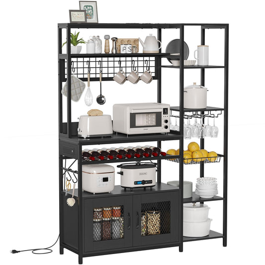 Bakers Rack with Power Outlet, Kitchen Stand with Storage Shelf and Cabinet, Black
