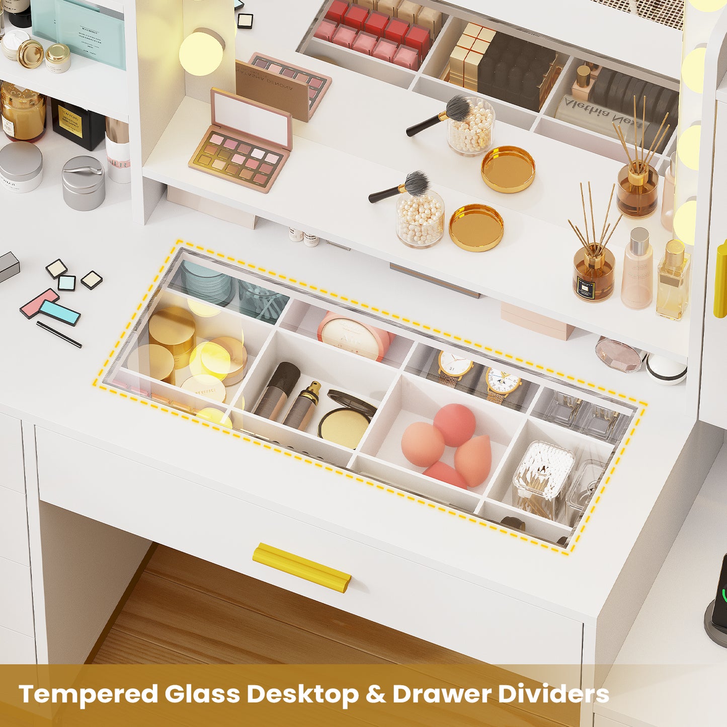 Large Vanity Desk with Mirror and Lights, Makeup Vanity with Charging Station and Jewelry Organizer, Dividers, White Dresser Table