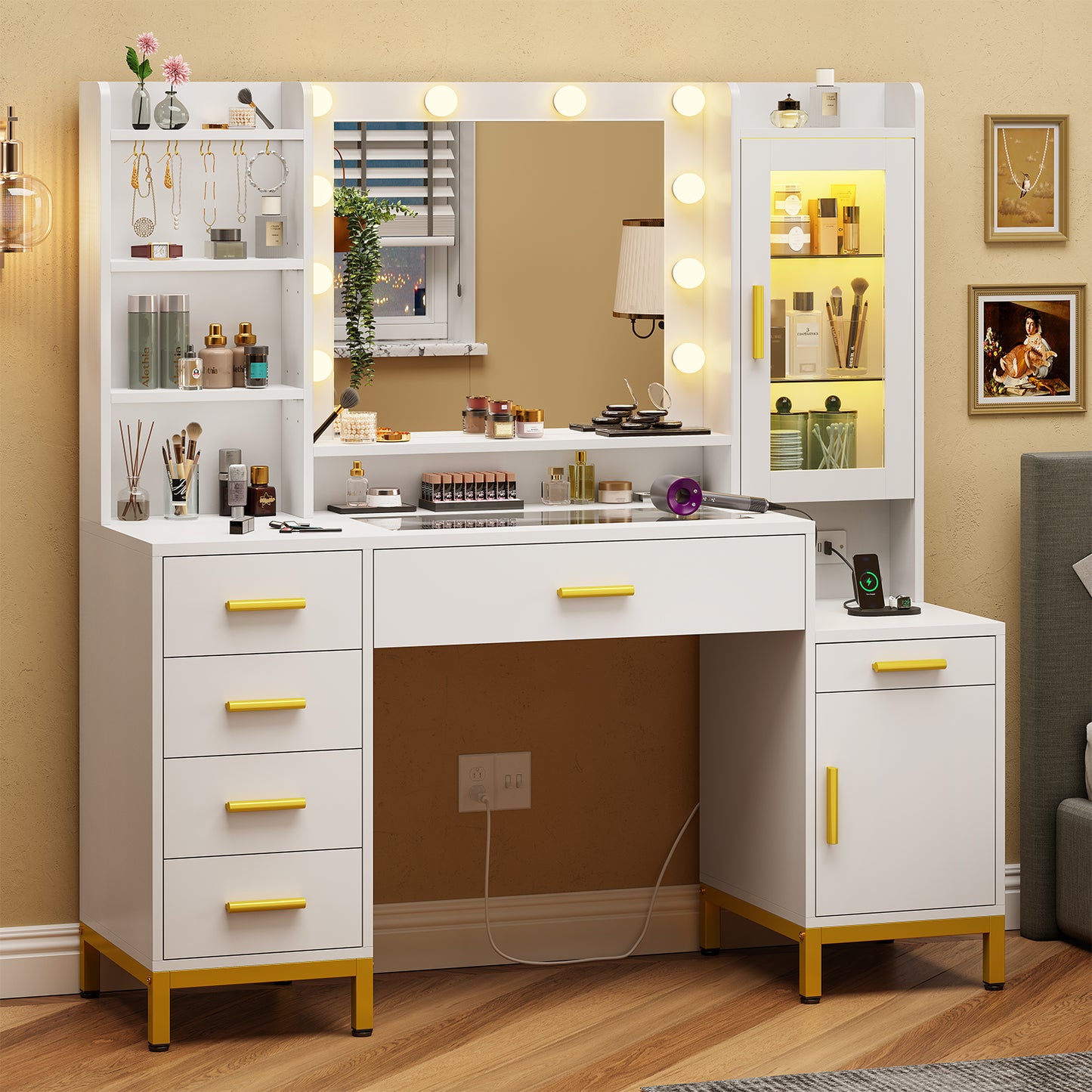 Large Vanity Desk with Mirror and Lights, Makeup Vanity with Charging Station and Jewelry Organizer, Dividers, White Dresser Table