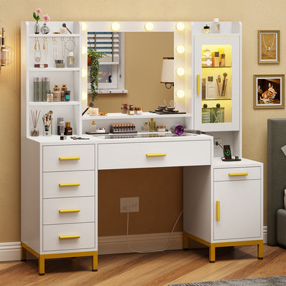 Large Vanity Desk with Mirror and Lights, Makeup Vanity with Charging Station and Jewelry Organizer, Dividers, White Dresser Table