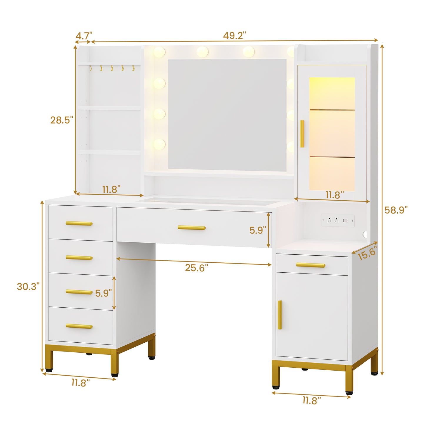 Large Vanity Desk with Mirror and Lights, Makeup Vanity with Charging Station and Jewelry Organizer, Dividers, White Dresser Table