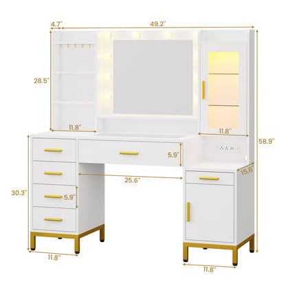 Large Vanity Desk with Mirror and Lights, Makeup Vanity with Charging Station and Jewelry Organizer, Dividers, White Dresser Table