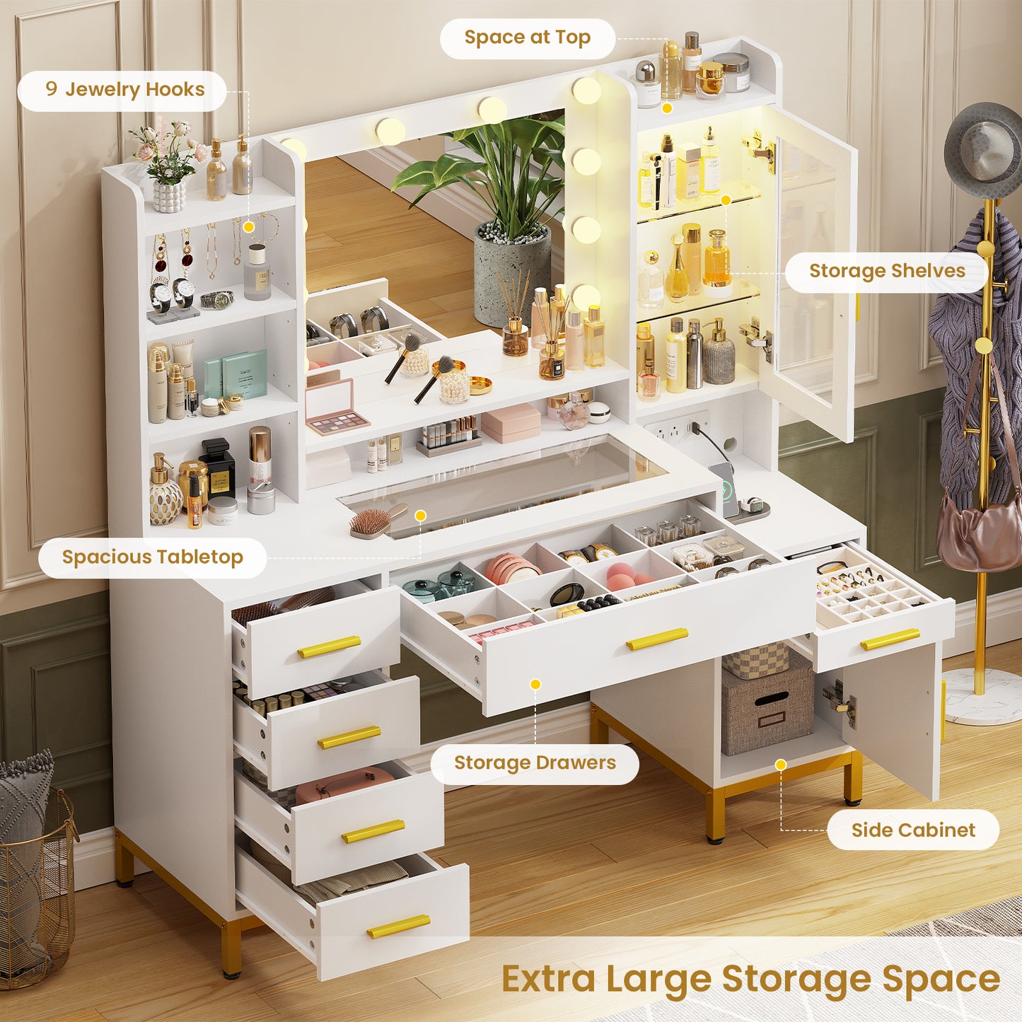 Large Vanity Desk with Mirror and Lights, Makeup Vanity with Charging Station and Jewelry Organizer, Dividers, White Dresser Table