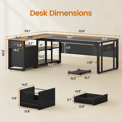 71" Executive Desk with Power Outlets, Modern L Shaped Office Desk with File Drawers and Pegboard, Large Computer Desk, Rustic Brown