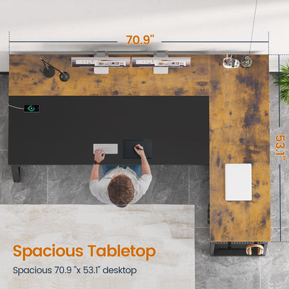 71" Executive Desk with Power Outlets, Modern L Shaped Office Desk with File Drawers and Pegboard, Large Computer Desk, Rustic Brown