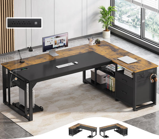 71" Executive Desk with Power Outlets, Modern L Shaped Office Desk with File Drawers and Pegboard, Large Computer Desk, Rustic Brown
