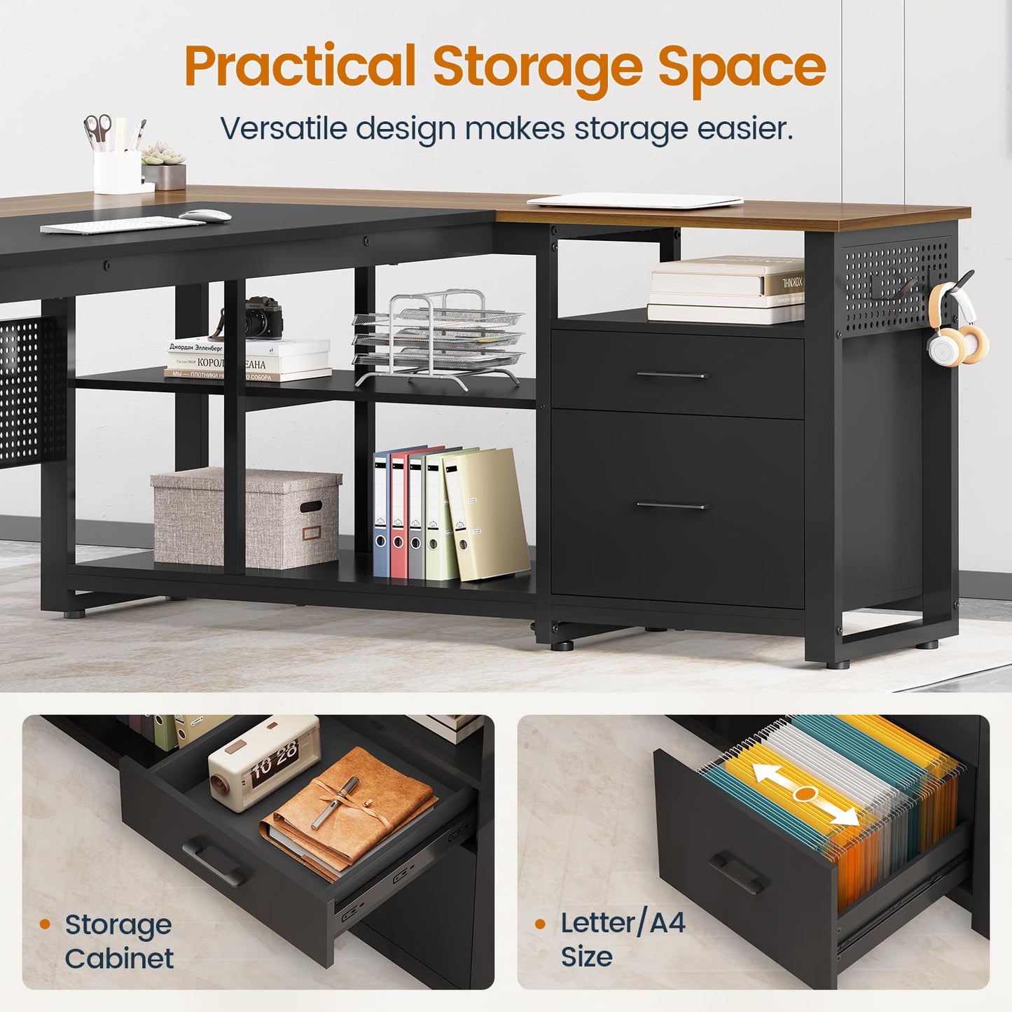 71" Executive Desk with Power Outlets, Modern L Shaped Office Desk with File Drawers and Pegboard, Large Computer Desk, Walnut