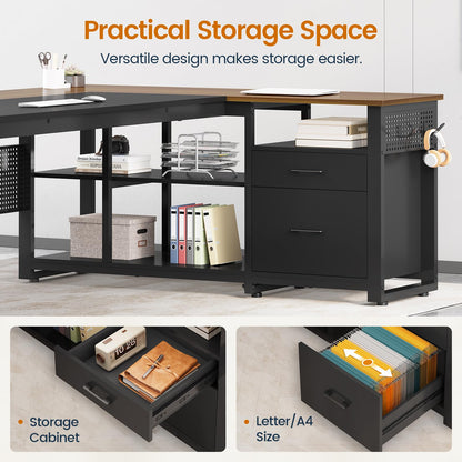 71" Executive Desk with Power Outlets, Modern L Shaped Office Desk with File Drawers and Pegboard, Large Computer Desk, Walnut