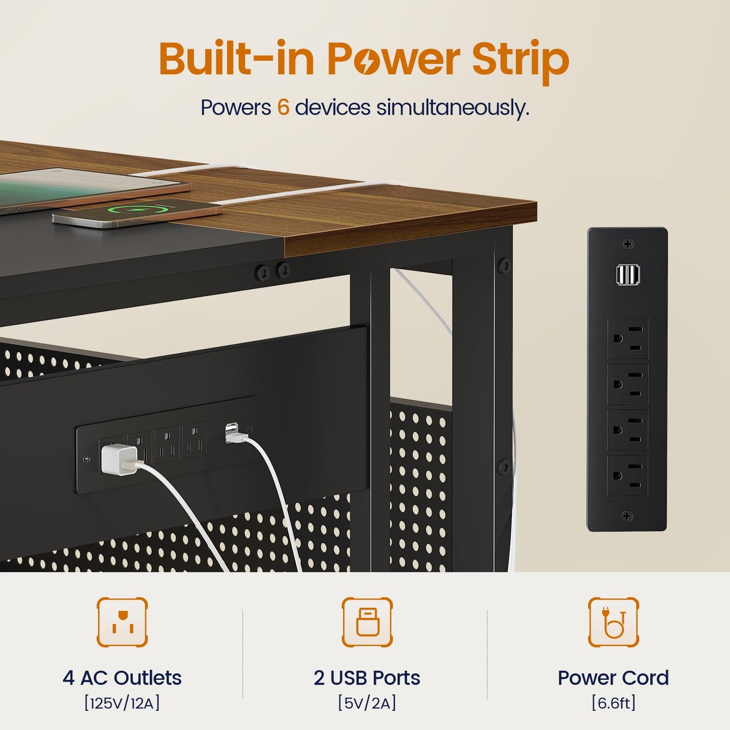71" Executive Desk with Power Outlets, Modern L Shaped Office Desk with File Drawers and Pegboard, Large Computer Desk, Walnut