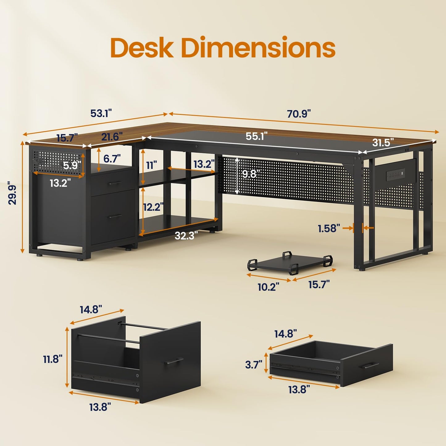 71" Executive Desk with Power Outlets, Modern L Shaped Office Desk with File Drawers and Pegboard, Large Computer Desk, Walnut