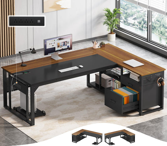 71" Executive Desk with Power Outlets, Modern L Shaped Office Desk with File Drawers and Pegboard, Large Computer Desk, Walnut