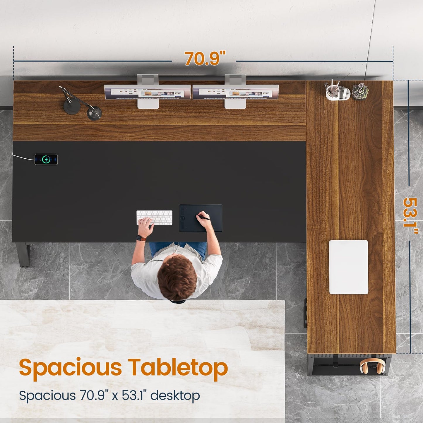 71" Executive Desk with Power Outlets, Modern L Shaped Office Desk with File Drawers and Pegboard, Large Computer Desk, Walnut