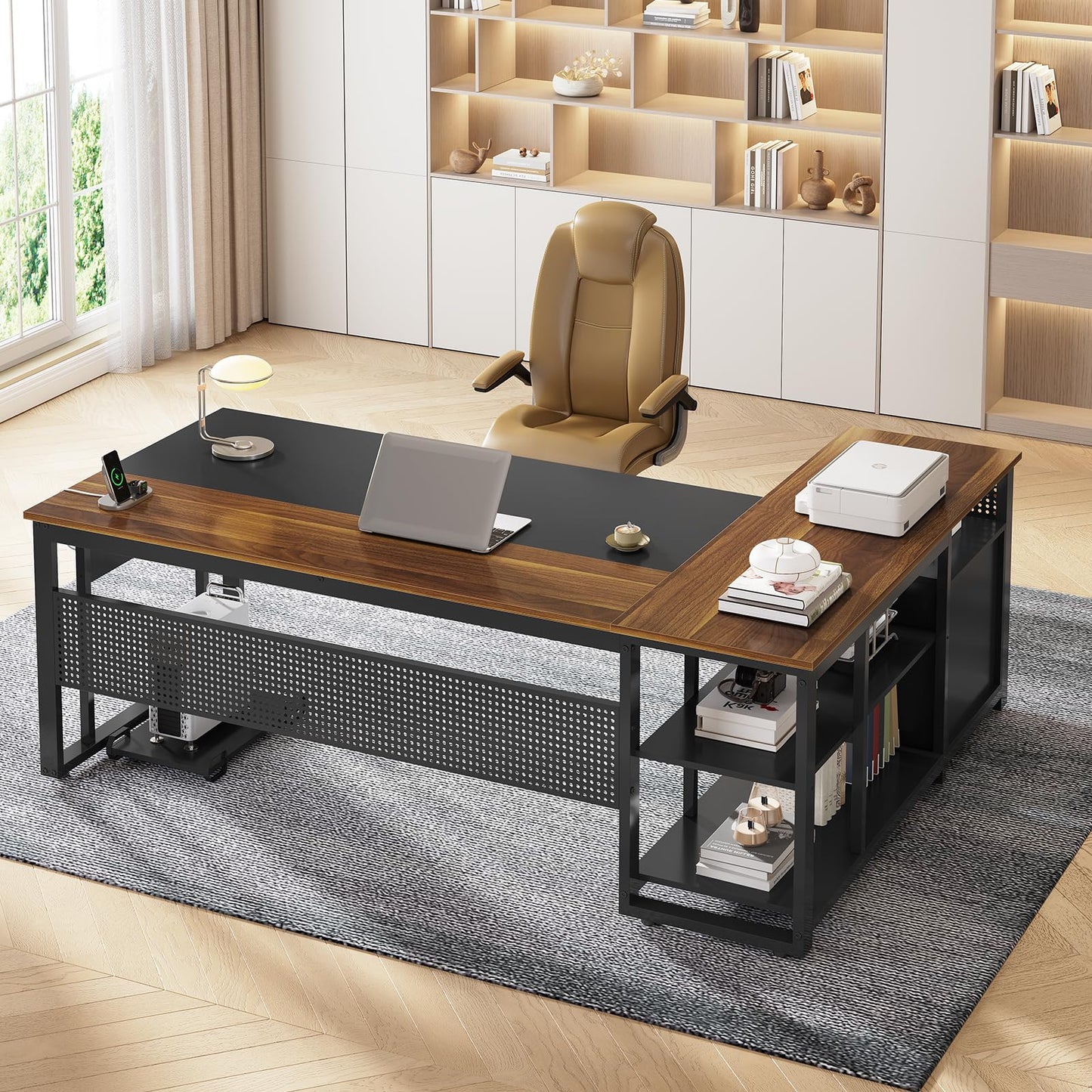 71" Executive Desk with Power Outlets, Modern L Shaped Office Desk with File Drawers and Pegboard, Large Computer Desk, Walnut