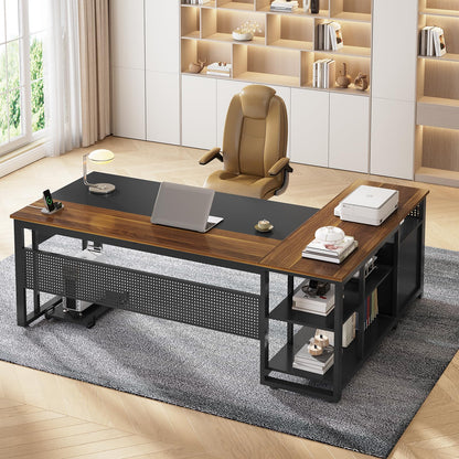 71" Executive Desk with Power Outlets, Modern L Shaped Office Desk with File Drawers and Pegboard, Large Computer Desk, Walnut