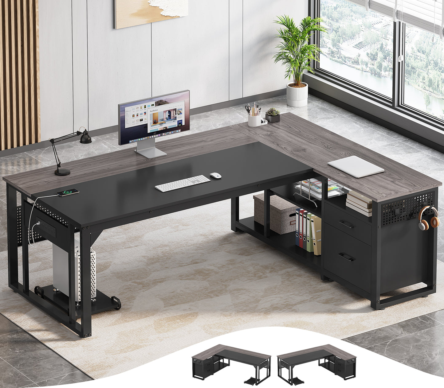 71" Executive Desk with Power Outlets, Modern L Shaped Office Desk with File Drawers and Pegboard, Large Computer Desk, Gray