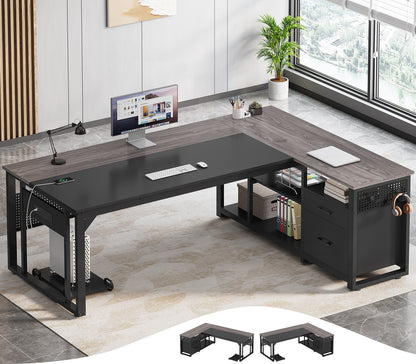 71" Executive Desk with Power Outlets, Modern L Shaped Office Desk with File Drawers and Pegboard, Large Computer Desk, Gray