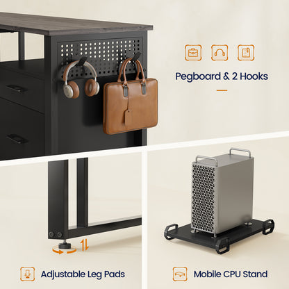 71" Executive Desk with Power Outlets, Modern L Shaped Office Desk with File Drawers and Pegboard, Large Computer Desk, Gray