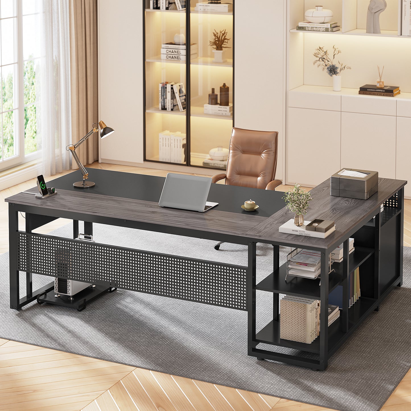 71" Executive Desk with Power Outlets, Modern L Shaped Office Desk with File Drawers and Pegboard, Large Computer Desk, Gray