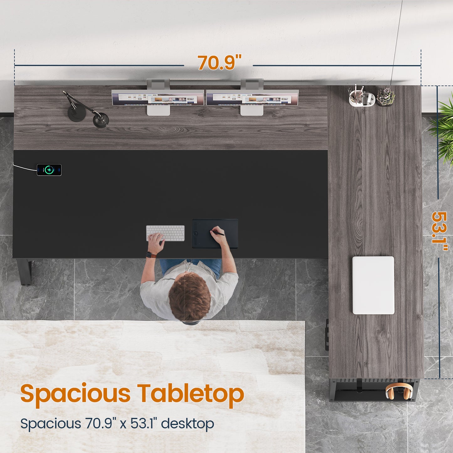 71" Executive Desk with Power Outlets, Modern L Shaped Office Desk with File Drawers and Pegboard, Large Computer Desk, Gray