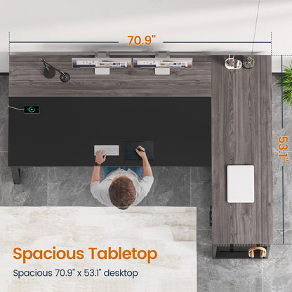 71" Executive Desk with Power Outlets, Modern L Shaped Office Desk with File Drawers and Pegboard, Large Computer Desk, Gray