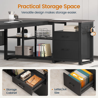 71" Executive Desk with Power Outlets, Modern L Shaped Office Desk with File Drawers and Pegboard, Large Computer Desk, Gray