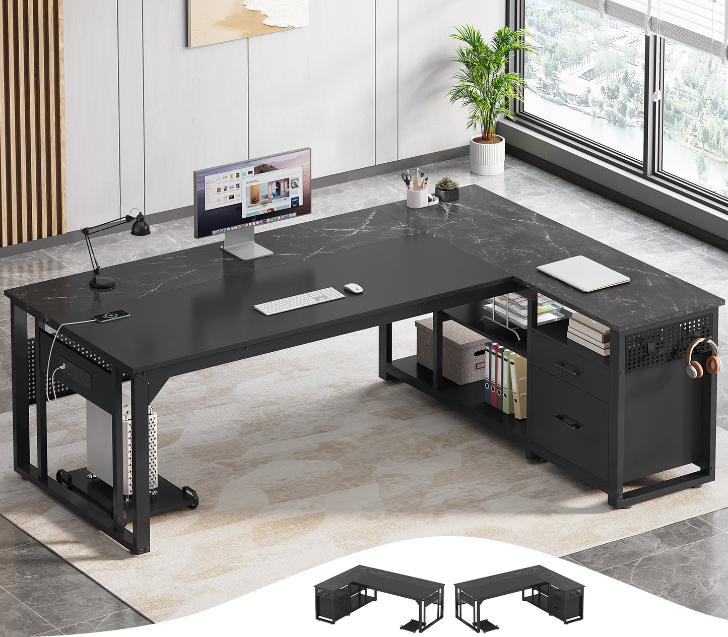 71" Executive Desk with Power Outlets, Modern L Shaped Office Desk with File Drawers and Pegboard, Large Computer Desk, Marble Black