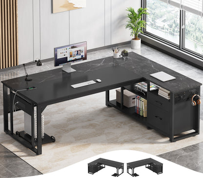 71" Executive Desk with Power Outlets, Modern L Shaped Office Desk with File Drawers and Pegboard, Large Computer Desk, Marble Black