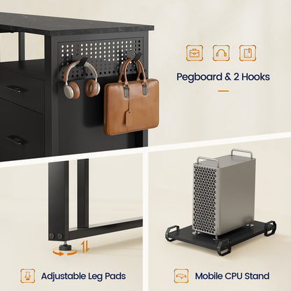 71" Executive Desk with Power Outlets, Modern L Shaped Office Desk with File Drawers and Pegboard, Large Computer Desk, Marble Black