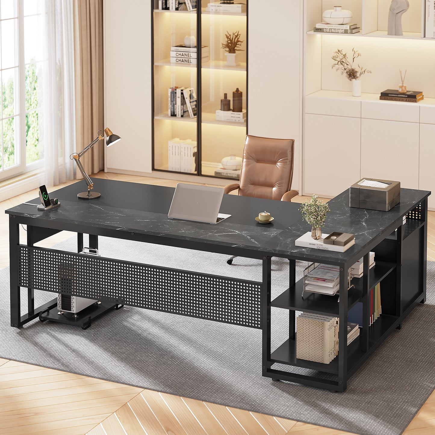 71" Executive Desk with Power Outlets, Modern L Shaped Office Desk with File Drawers and Pegboard, Large Computer Desk, Marble Black
