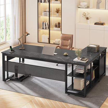 71" Executive Desk with Power Outlets, Modern L Shaped Office Desk with File Drawers and Pegboard, Large Computer Desk, Marble Black