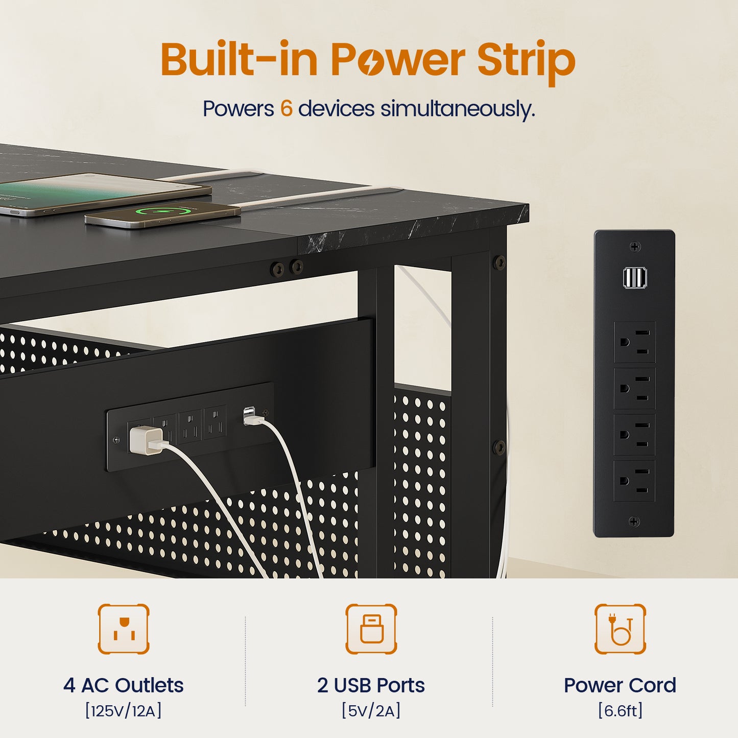 71" Executive Desk with Power Outlets, Modern L Shaped Office Desk with File Drawers and Pegboard, Large Computer Desk, Marble Black