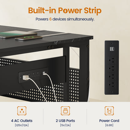 71" Executive Desk with Power Outlets, Modern L Shaped Office Desk with File Drawers and Pegboard, Large Computer Desk, Marble Black