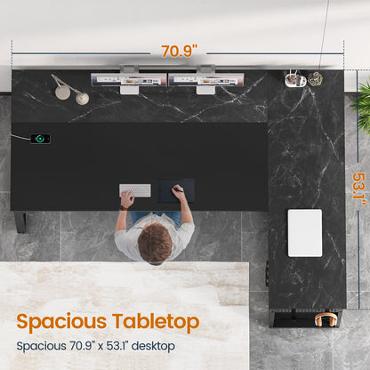 71" Executive Desk with Power Outlets, Modern L Shaped Office Desk with File Drawers and Pegboard, Large Computer Desk, Marble Black