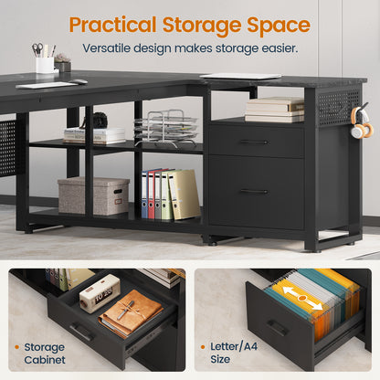 71" Executive Desk with Power Outlets, Modern L Shaped Office Desk with File Drawers and Pegboard, Large Computer Desk, Marble Black